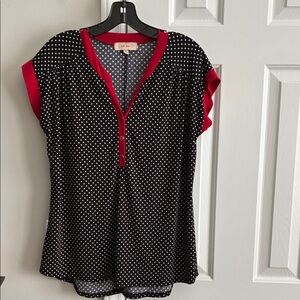 Polka Dot V-Neck Blouse with Red Accents